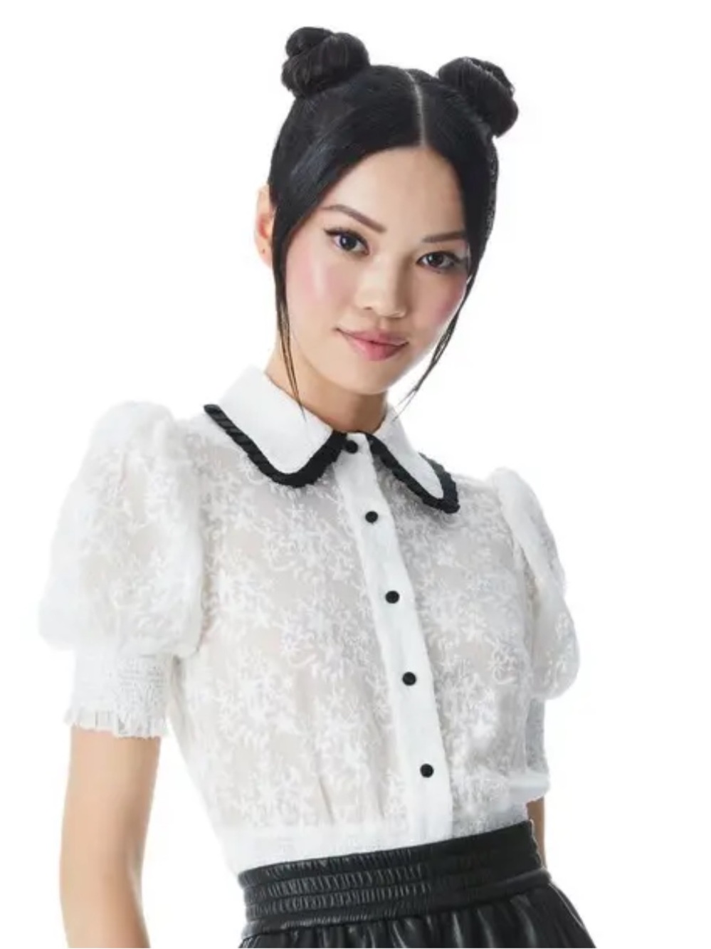 Alice + Olivia Tamra Embroidered Sheer Blouse 
Size Small/Petite